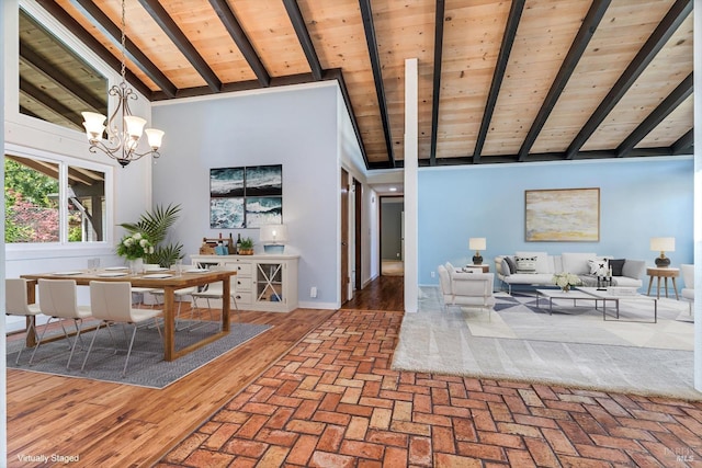 dining area with wood ceiling, a notable chandelier, high vaulted ceiling, and beamed ceiling