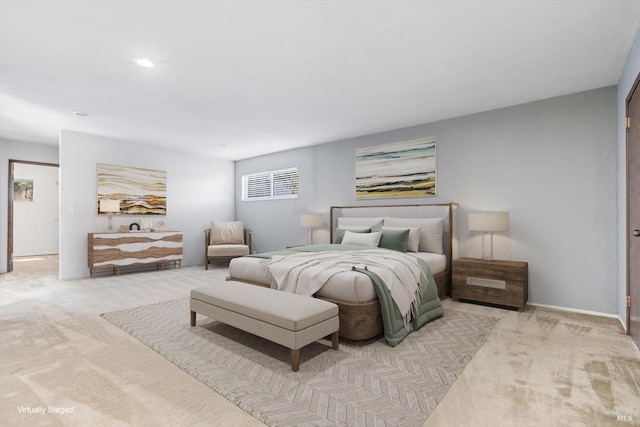 bedroom featuring baseboards, recessed lighting, and carpet flooring