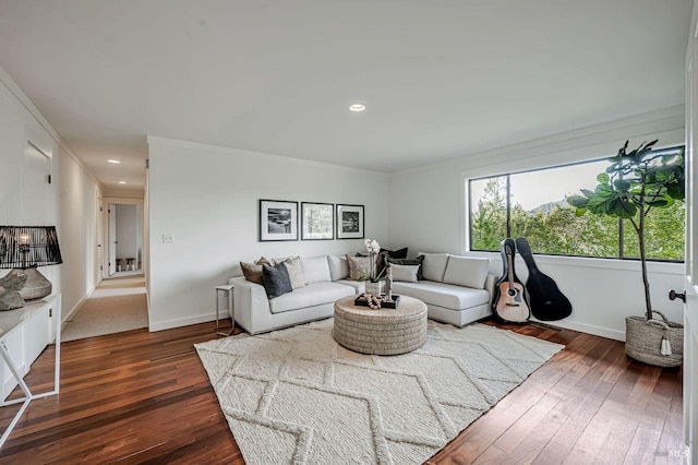 70 Black Log Rd, Kentfield, CA 94904 - living area with dark wood-type flooring, baseboards, recessed lighting, and ornamental molding