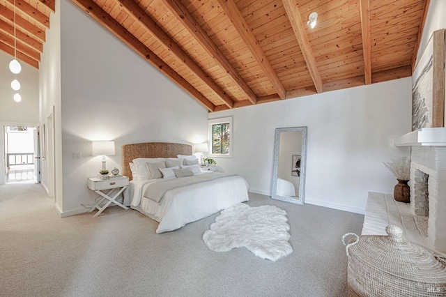 70 Black Log Rd, Kentfield, CA 94904 - bedroom featuring carpet flooring, wooden ceiling with exposed beams, baseboards, high vaulted ceiling, and a fireplace
