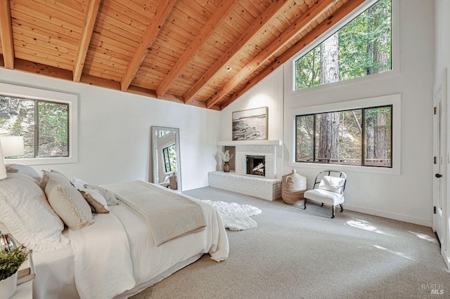 70 Black Log Rd, Kentfield, CA 94904 - bedroom featuring high vaulted ceiling, carpet floors, baseboards, multiple windows, and wood ceiling with exposed beams