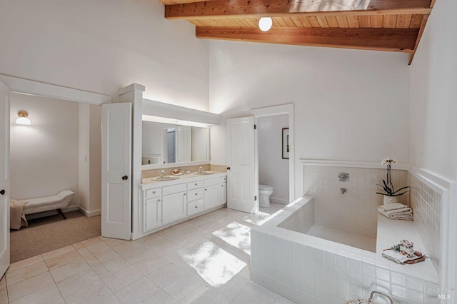 70 Black Log Rd, Kentfield, CA 94904 - bathroom with toilet, double vanity, wooden ceiling with exposed beams, tile patterned floors, and high vaulted ceiling