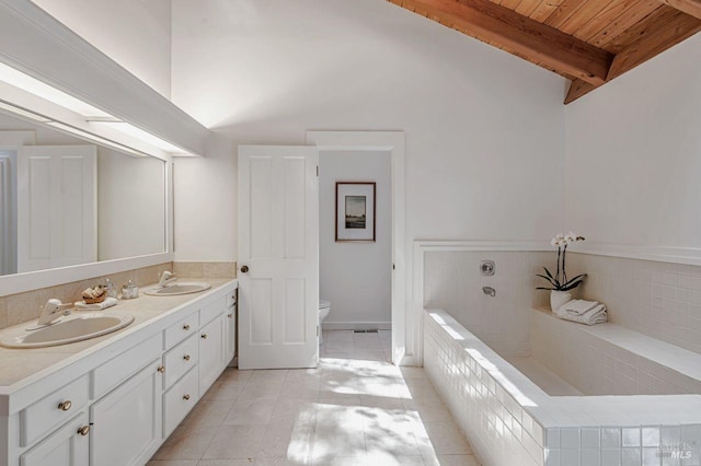 70 Black Log Rd, Kentfield, CA 94904 - full bath with wood ceiling with exposed beams, double vanity, toilet, tile patterned floors, and tiled tub