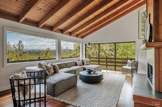 70 Black Log Rd, Kentfield, CA 94904 - sunroom with hardwood / wood-style flooring, wood ceiling with exposed beams, baseboards, and high vaulted ceiling