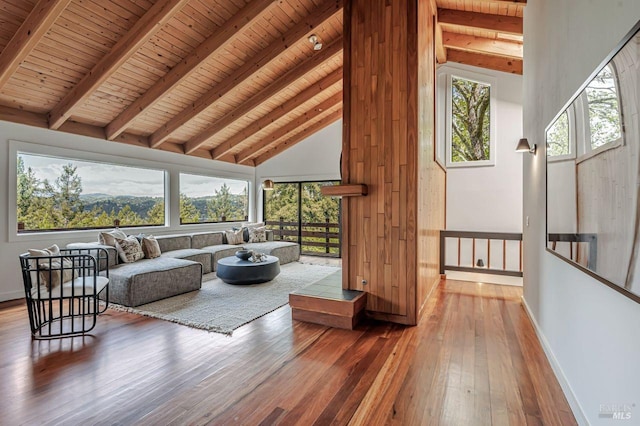 70 Black Log Rd, Kentfield, CA 94904 - living room featuring hardwood / wood-style floors, wood ceiling with exposed beams, baseboards, and high vaulted ceiling