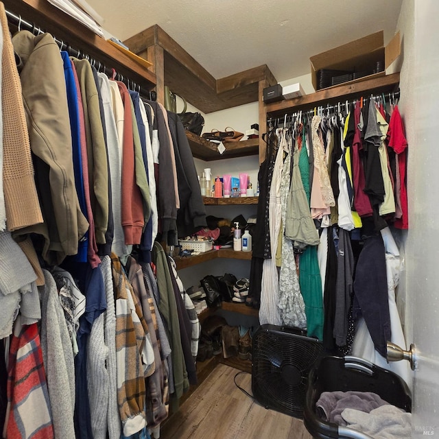 walk in closet with wood finished floors