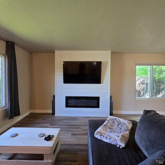 living area featuring a textured ceiling, baseboards, a large fireplace, and wood finished floors