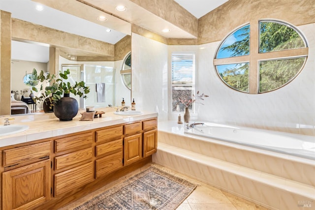 2909 Quail Hollow Dr, Fairfield, CA 94534 - full bathroom with a stall shower, double vanity, a sink, and a garden tub