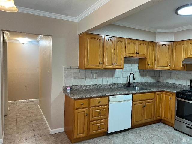 kitchen with stainless steel gas stove, ornamental molding, brown cabinets, a sink, and white dishwasher