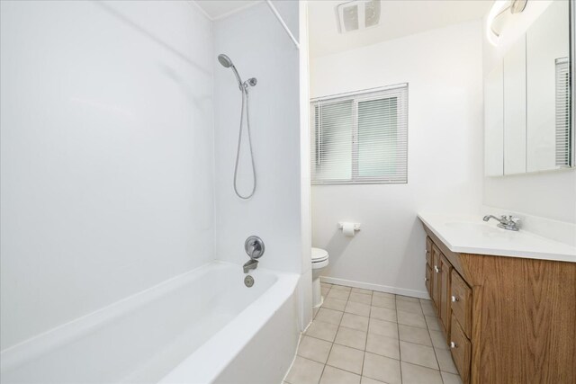 full bath featuring vanity, tile patterned floors, toilet, visible vents, and bathtub / shower combination