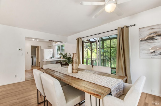 361 Neva St, Sebastopol, CA 95472 - dining area featuring light wood-type flooring, baseboards, and ceiling fan