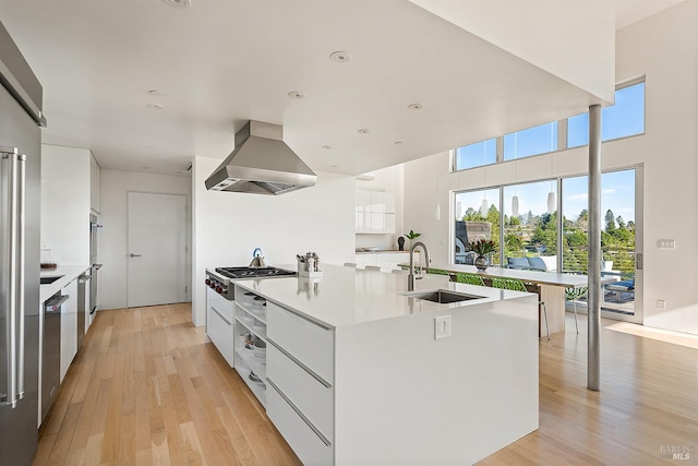 505 Dusty Ln, Sebastopol, CA 95472 - kitchen featuring modern cabinets, wall chimney exhaust hood, white cabinetry, a sink, and stainless steel appliances