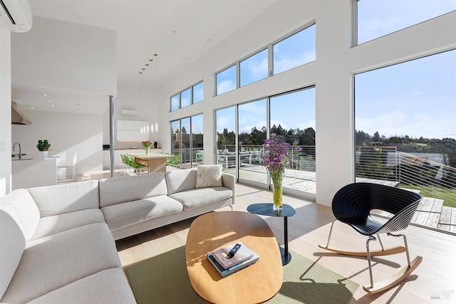 505 Dusty Ln, Sebastopol, CA 95472 - living room featuring a wall unit AC, wood finished floors, and a towering ceiling