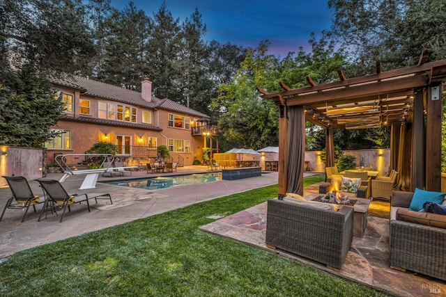 exterior space with an outdoor living space with a fire pit, an outdoor pool, a pergola, and fence