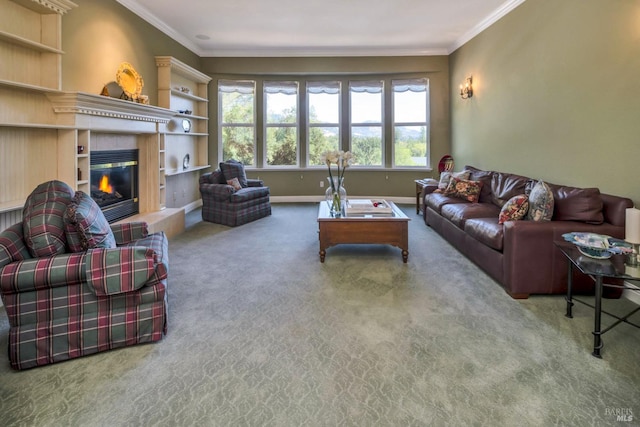 living room featuring carpet flooring, a tiled fireplace, baseboards, and ornamental molding