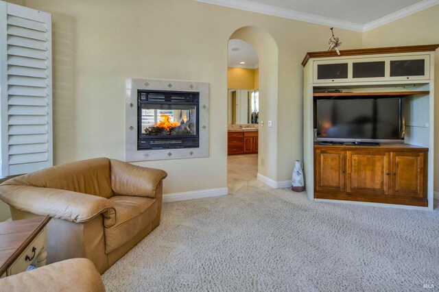 carpeted living area with baseboards, crown molding, arched walkways, and a multi sided fireplace