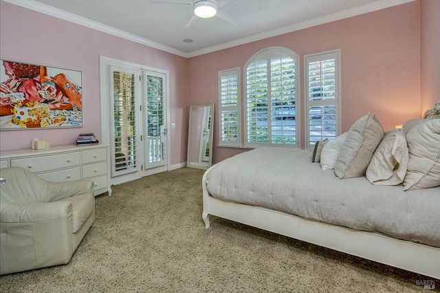 carpeted bedroom featuring baseboards, access to exterior, crown molding, and a ceiling fan