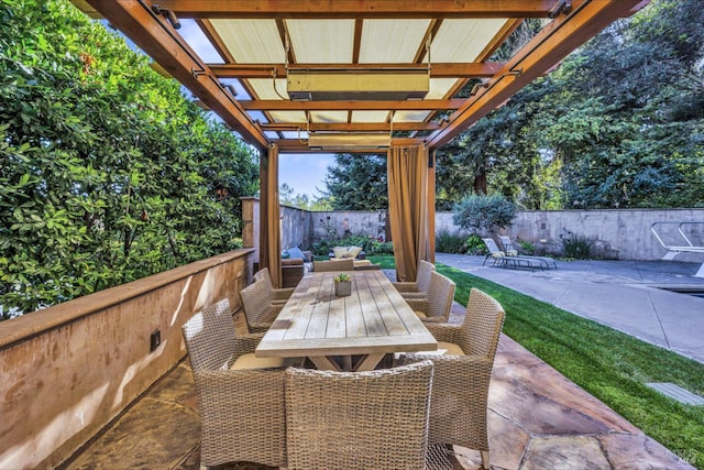 view of patio / terrace featuring a fenced backyard, a pergola, and outdoor dining space