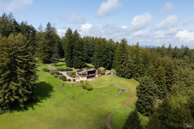 bird's eye view featuring a wooded view