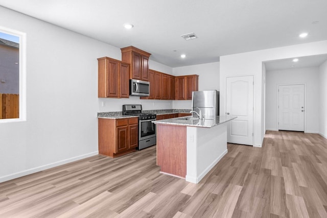 6361 Hogan Way, Linda, CA 95901 - kitchen with light wood-style floors, stainless steel appliances, brown cabinetry, and visible vents