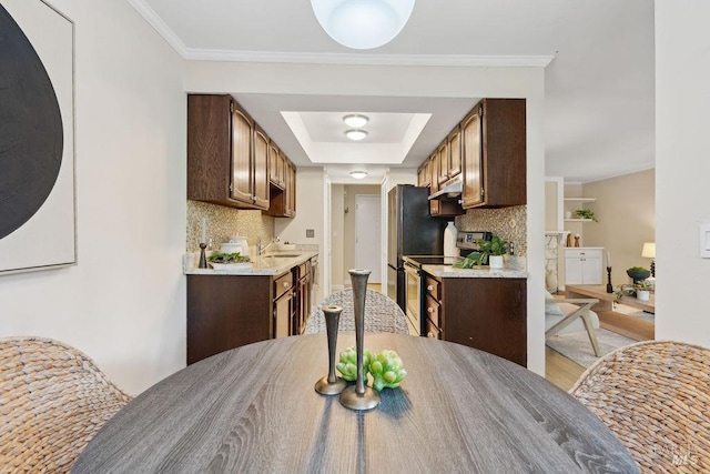 kitchen featuring light countertops, stainless steel electric range, ornamental molding, decorative backsplash, and a raised ceiling