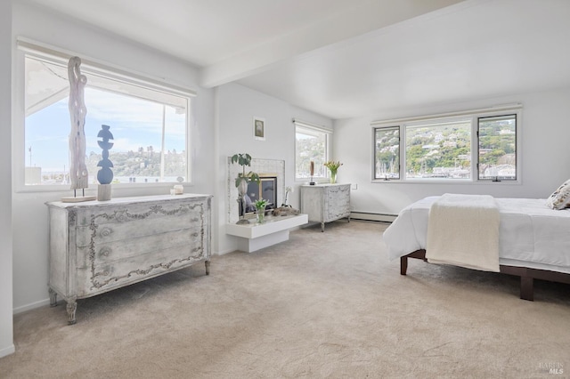 2 Beach Rd, Belvedere, CA 94920 - bedroom featuring a baseboard radiator, carpet, beam ceiling, baseboards, and a glass covered fireplace