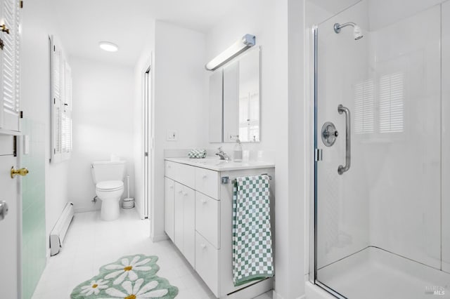 2 Beach Rd, Belvedere, CA 94920 - bathroom with a baseboard radiator, a stall shower, toilet, and healthy amount of natural light