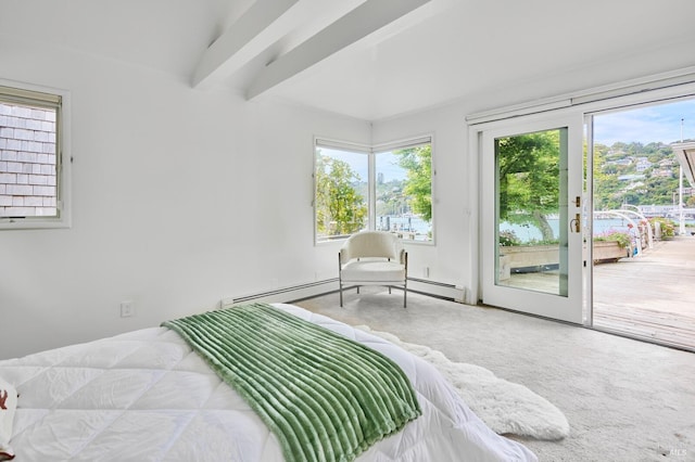 2 Beach Rd, Belvedere, CA 94920 - carpeted bedroom with access to outside, multiple windows, beam ceiling, and baseboard heating