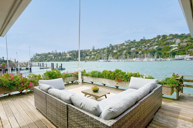 2 Beach Rd, Belvedere, CA 94920 - wooden deck with an outdoor hangout area, a water view, and a dock