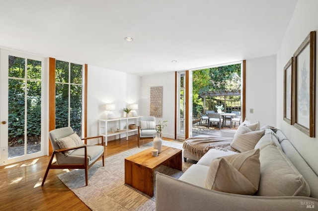 45 Bella Vista Ave, Belvedere, CA 94920 - living area featuring floor to ceiling windows, wood finished floors, recessed lighting, and plenty of natural light