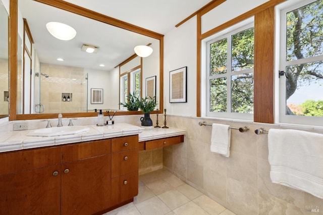 45 Bella Vista Ave, Belvedere, CA 94920 - full bath with tile walls, a wainscoted wall, tile patterned floors, vanity, and a stall shower