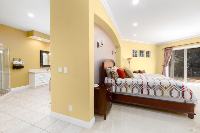 bedroom with baseboards, crown molding, recessed lighting, and light tile patterned floors