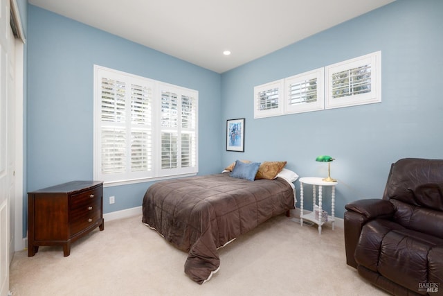 bedroom with light carpet, baseboards, and recessed lighting