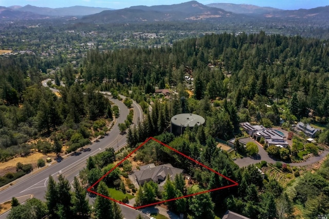 birds eye view of property featuring a forest view and a mountain view