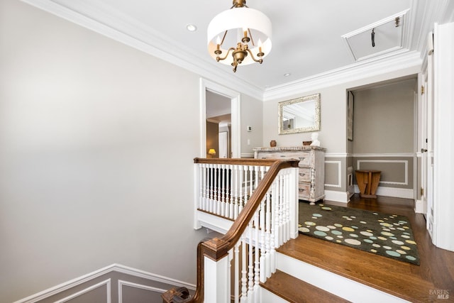 staircase featuring crown molding, a chandelier, wood finished floors, and attic access