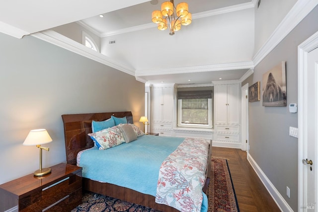 bedroom with a notable chandelier, multiple windows, baseboards, wood finished floors, and ornamental molding