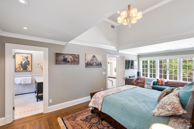 bedroom featuring crown molding, a chandelier, and wood finished floors