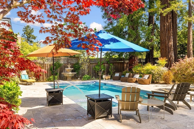 view of pool with a fenced backyard and a patio area