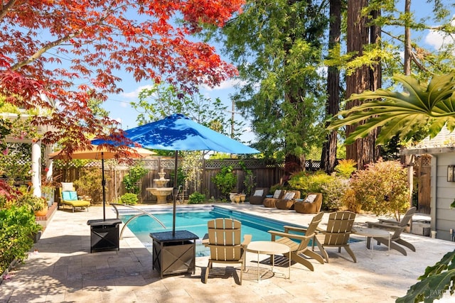view of pool with a patio, a fenced backyard, and a fenced in pool