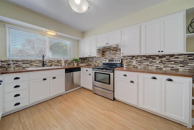 kitchen featuring a sink, light wood finished floors, under cabinet range hood, stainless steel appliances, and decorative backsplash