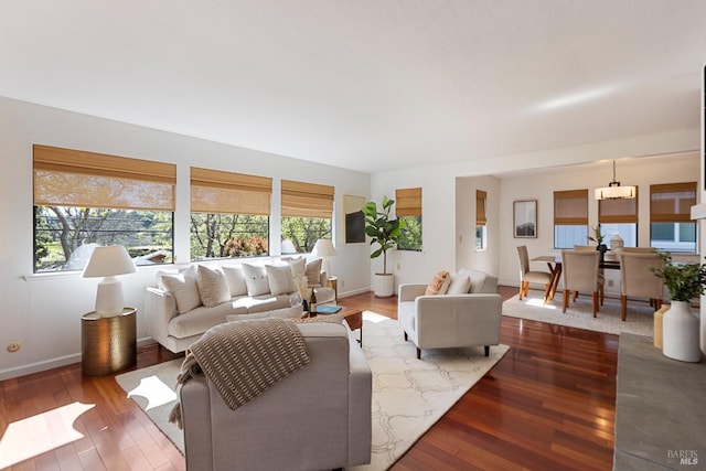 living area with baseboards, hardwood / wood-style flooring, and a healthy amount of sunlight