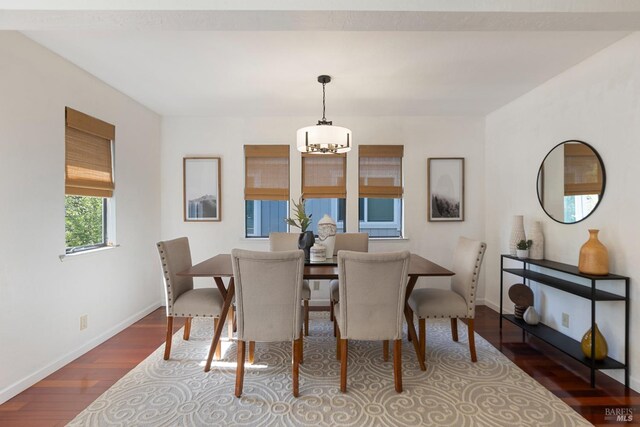dining room featuring a chandelier, baseboards, and wood finished floors