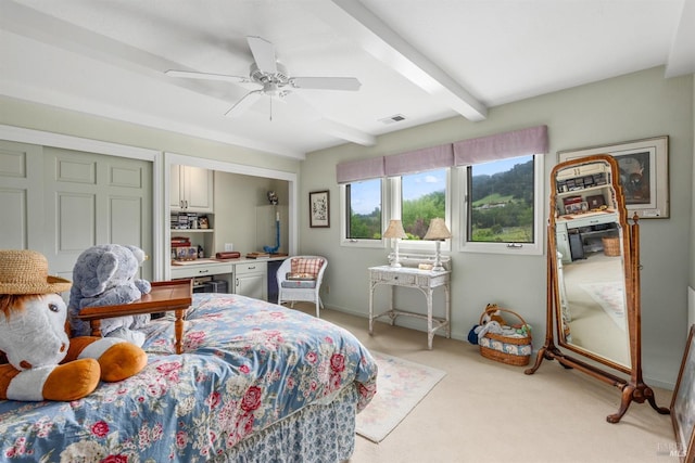 bedroom featuring ceiling fan, light colored carpet, baseboards, beam ceiling, and visible vents