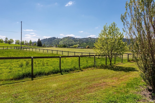 view of yard with fence, a rural view, and a mountain view