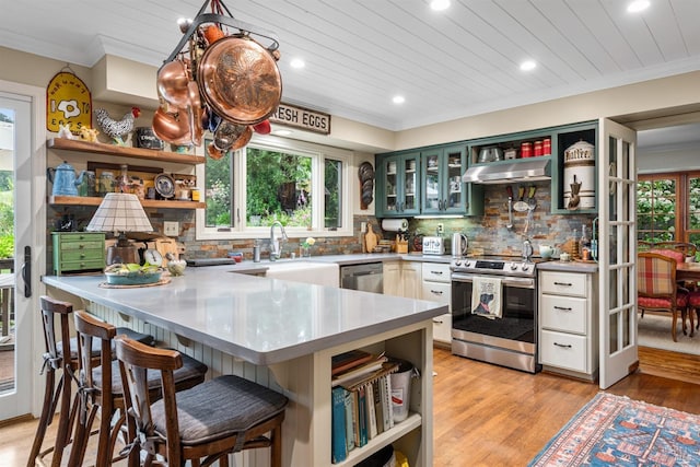 kitchen featuring open shelves, stainless steel appliances, and ventilation hood