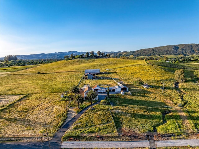birds eye view of property featuring a mountain view and a rural view