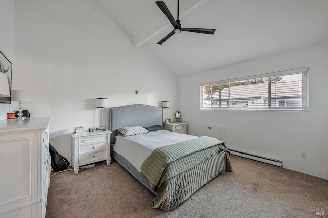 6482 Meadow Pines Ave, Rohnert Park, CA 94928 - bedroom featuring a baseboard radiator, carpet flooring, lofted ceiling with beams, and ceiling fan