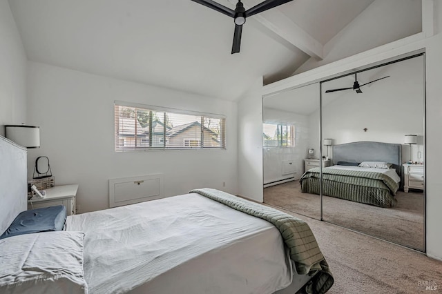 6482 Meadow Pines Ave, Rohnert Park, CA 94928 - bedroom featuring a closet, carpet flooring, vaulted ceiling with beams, a baseboard radiator, and ceiling fan