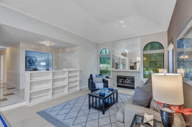 271 Antigua Way, Vallejo, CA 94591 - living room with ornamental molding, a glass covered fireplace, baseboards, and light carpet
