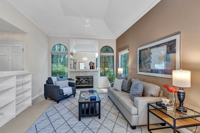 271 Antigua Way, Vallejo, CA 94591 - living area featuring healthy amount of natural light, ornamental molding, carpet flooring, a glass covered fireplace, and baseboards